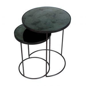 amandari príručné stolíky charcoal nesting, stolík ethnicraft, set okrúhlych príručných konferenčných stolíkov so zrkadlovým vzhľadom, staré zrkadlá, stolíky s patinovaným zrkadlovým efektom, konferečné stolíky, príručný stolík s kovovou podnožou, stolík sklenený čierny, nadčasový stolík, set stolíkov so zasúvaním, set dvoch veľkostí stolíkov
